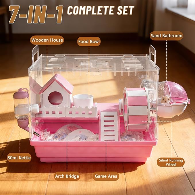 7-in-1 Acrylic Hamster Cage with All Accessories - Double Layer Hamster House with Transparent Viewing, Chew-Proof Small Pet Mice Enclosure Cage for Dwarf Syrian Gerbils, 14*11*10in (Blue)