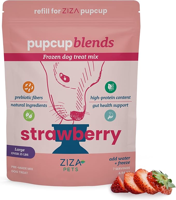 ZIZA PUPCUP Blends - Frozen Dog Treats Mix, Dog Ice Cream, Natural Ingredients, High-Protein, Pre-Made Ice Cream Mix, Refill for The PUPCUP, Real Fruit Pieces, 7 Servings for Large Dogs, Strawberry