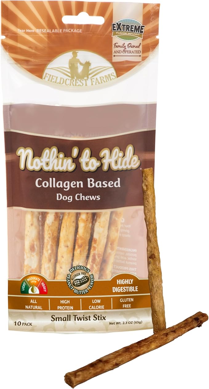 Fieldcrest Farms Nothin' to Hide Twist Stix, Peanut Butter Flavor, Easily Digestible, Supports Skin, Coat, Joints & Muscles, for Moderate Chewers Under 15lbs, 10 Pieces