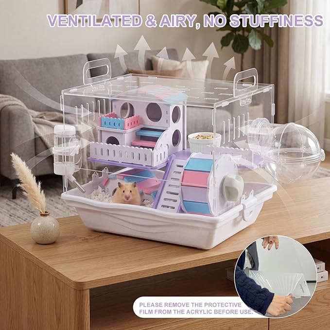 Loungewave Acrylic Hamster Cage, 2-Tier Gerbil Cage with Wooden Wheel, Small Dwarf Hamster Cage Habitat, Garden Mouse Cage for Pet Mice, Clear View Inside Easy to Clean, Pink-Blue
