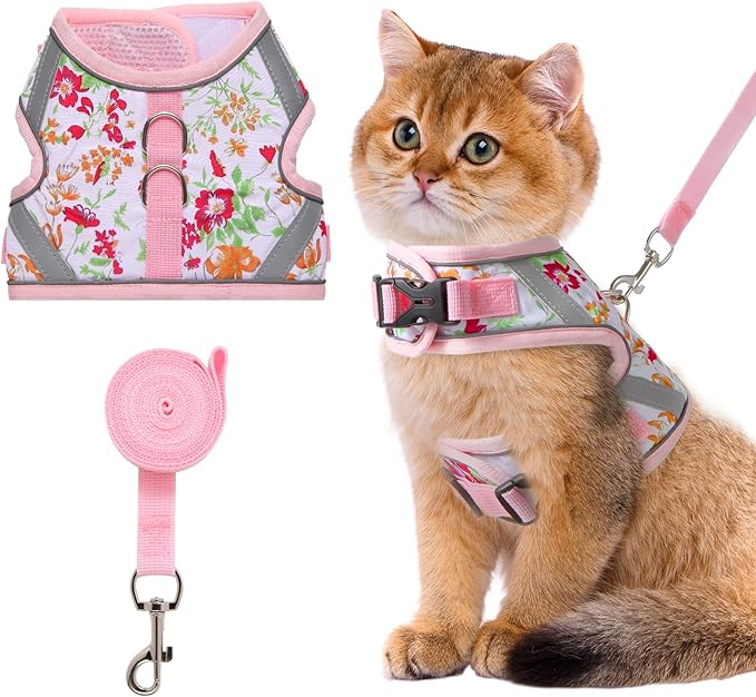 Floral cat Leash and Harness Set. The cat Harness Escape Proof Feature Allows You to Walk You cat, Small Dog or Rabbit Without Worries. This Kitten Harness and Leash is Cute and Trendy