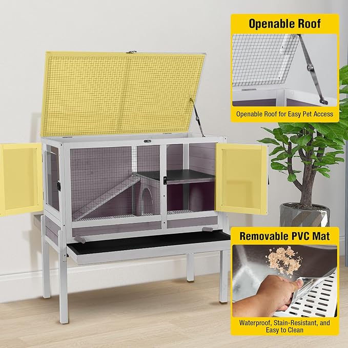 Aivituvin 2-Story Indoor Rabbit Hutch Guinea Pig Cage with Stand, Wooden Bunny Cage Small Animal Cages with Chew-Proof Ramp, Pull-Out Tray & Leakproof PVC Layer (Grey)