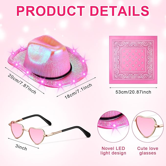 Aliceset 3 Pcs Pet Cowboy Costume Cat Cowboy Accessories Set Neon Sparkly Dog Cowboy Hat Paisley Bandanna Collar and Sunglasses LED Light up Western Small Cat Dog Cowgirl Costume(Pink, Shiny, Shiny)