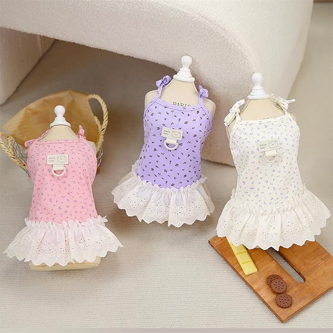 Dog Summer Clothes for Small Medium Dogs Cat Daisy Flower Cute Pet Dress with D-Ring Sleeveless Puppy Outfits Doggy Shirt for Shih Tzu Yorkie Chihuahua Colthe (Beige, Medium(4.4-6.6lb))