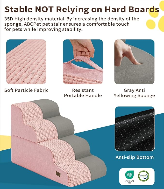 ABCPET Dog Step for Bed, Dog Stair 4-Step 35D Pet Stair 19.7" H for High Bed or Sofa Non-Slip Balanced Pet Step Indoor, Pink