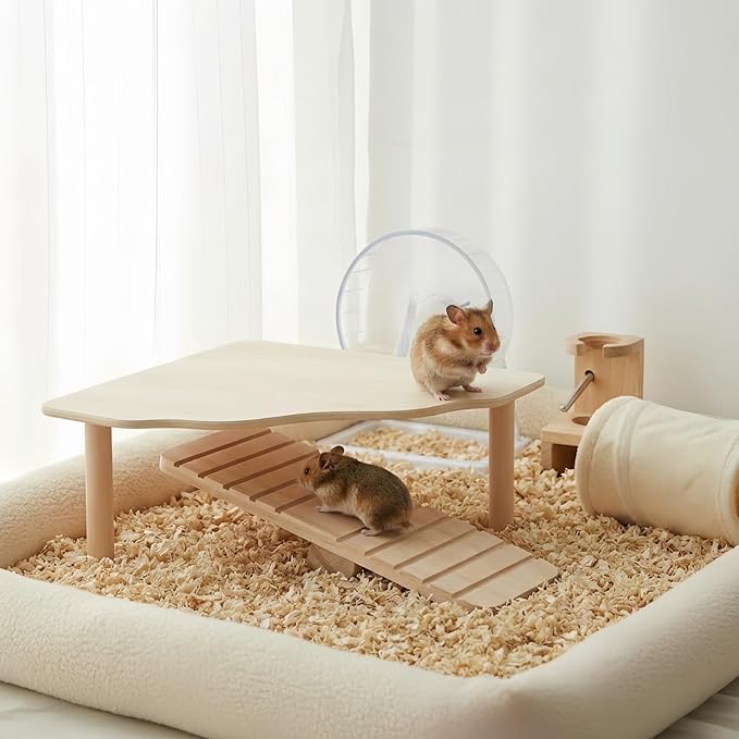 2-in-1 Wooden Hamster Platform & Seesaw Set - Natural Pine Small Animal Climbing Toy & Cage Accessories for Syrian Hamster, Gerbil, Mouse, Rabbit Habitat Enrichment (Bridge/Maze/Wheel/Hide Compatible)