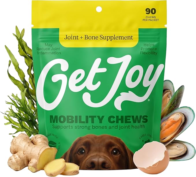 Get Joy Mobility Chew, Hip & Joint Supplement for Dogs, Vet Recommended Soft Daily Activity & Flexibility Support with Glucosamine, MSM & Green-Lipped Mussel, Made in USA, 90 Count