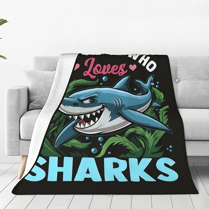 Just A Girl Who Love Sharks Blanket Ocean Sharks Decor Throw Blanket Gifts for Girls Boys Super Warm Soft Plush Fleece Flannel Blanket Winter Couch Bedding Blanket for Adults Kids Women Men 60"X50"