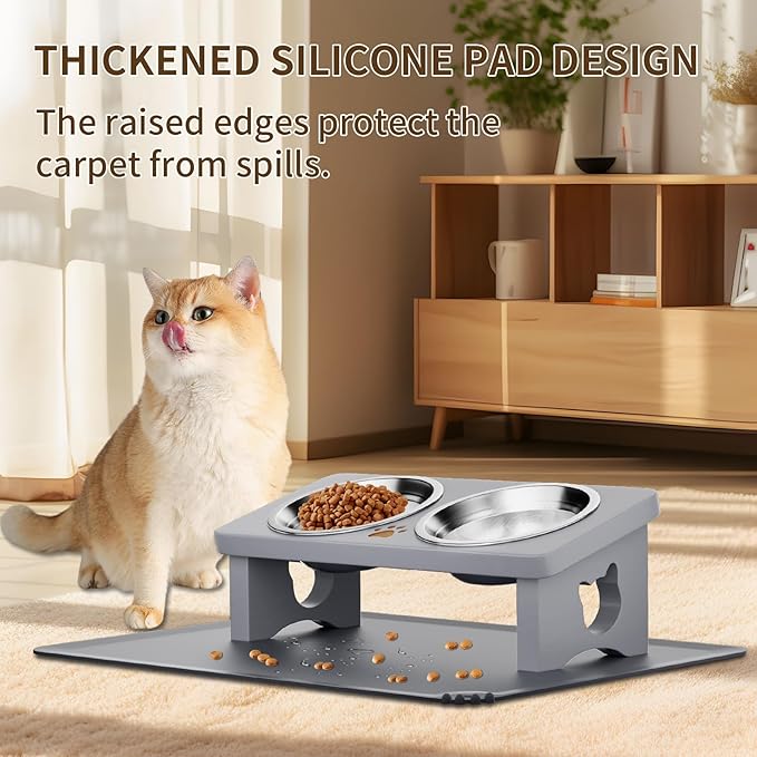 Elevated Cat Bowls with Silicone Mat, 15° Tilted Solid Wood Stand, Raised Stainless Steel Food & Water Dishes for Cats and Small Dogs, Anti-Vomiting Design(Slate Grey)