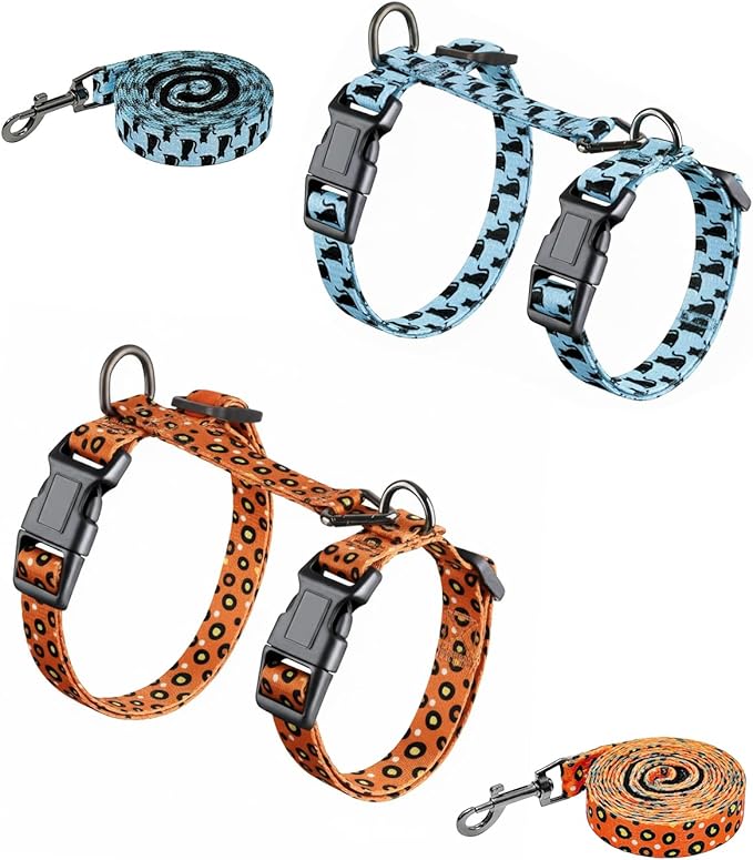 Halypet 2-Pack Cat Harness and Leash Set, Escape Proof 3-in-1 Adjustable Harness for Cats, Soft Lightweight, Easy On & Control for Walking, Travel & Outdoor Use, Medium (Orange & Blue)