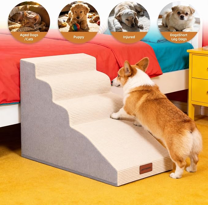 Dog Stairs for Small Dogs and Cats, 19.7" H, 4-Step Curved Pet Ramp for Beds or Couches, Non-Slip Medium Pet Steps with High Density Foam, Beige