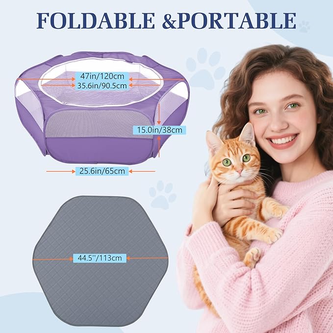 2-in-1 Small Animals Playpen with Pad, Waterproof Small Pet Cage Tent with Reusable Pad, Portable Outdoor Yard Fence with 3 Metal Rod for Chick/Kitten/Puppy/Guinea Pig/Rabbits/Chinchillas, Purple+Gray