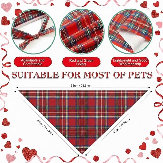 Weewooday 50 Pcs Valentine's & St. Patrick's Day Dog Bandanas Bulk Red & Green Plaid Bandanas for Dogs Soft Triangle Bibs Adjustable Scarf for Small Medium Large Pets(31.5 x 21.7 x 21.7 Inch)
