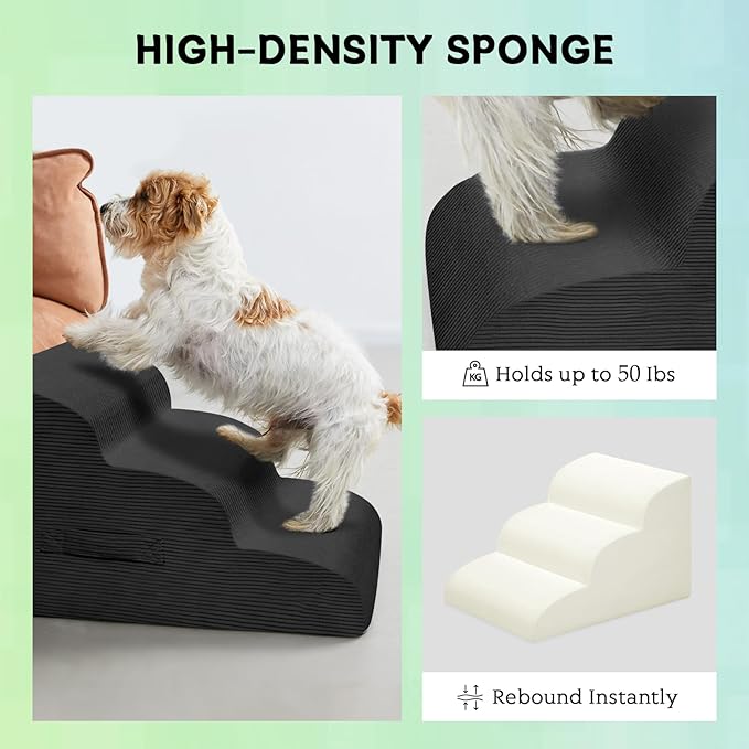 Mesa Lemon Dog Steps for Small Dogs, 3-Step Pet Ramp Stairs for High Beds and Sofa, Non-Slip Pet Stairs for Small Dogs and Cats, Removable and Easy to Clean Cover, Black