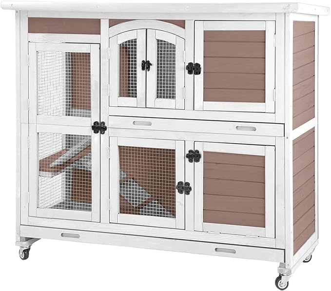 AIVITUVIN Rabbit Hutch Indoor Rabbit Cage Outdoor Two Story Bunny Cage Bunny Hutch Pull Out Tray Guinea Pig Cage on Wheel（Brown）