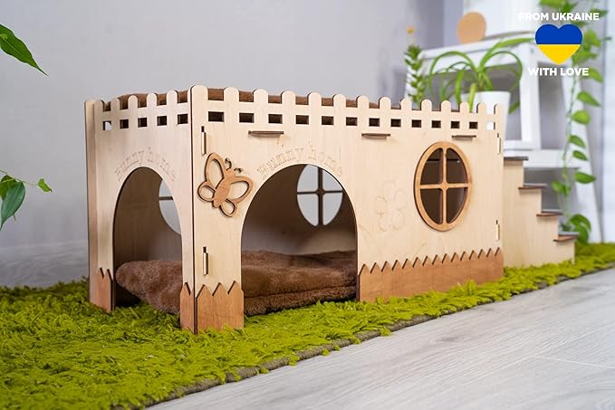 Wooden rabbit house, bunny сastle, Add your pet's name for FREE (No pillow no fleece)