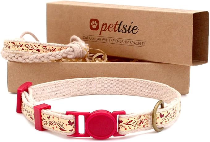 Pettsie Breakaway Cat Collar & Matching Friendship Bracelet – Adjustable, Soft Cotton Collar for Cats, Quick-Release Safety Buckle, Lightweight, Stylish, Anti-Lost ID Tag, Red