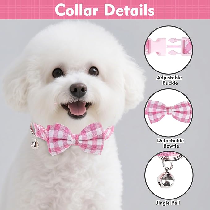 EXPAWLORER Cute Dog Harness Collar Leash Set - Pink Girl Dog Harness Checkered Step-in Design, Detachable Bow Pet Collar, Adjustable No-Choke Lightweight Mesh Vest for Small Medium Dogs, M