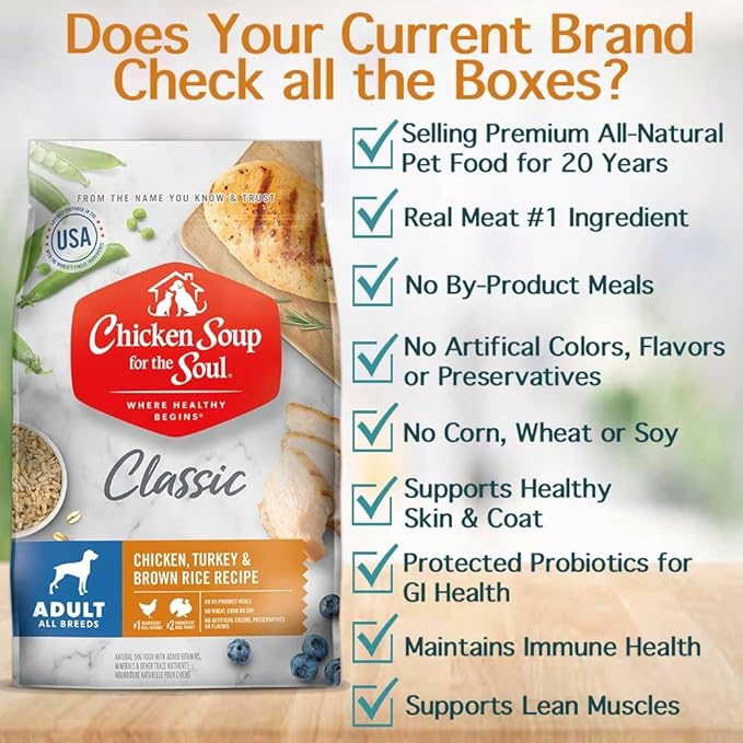 Chicken Soup for the Soul All Natural Premium Adult Dry Dog Food, Real Meat First Ingredient, No By-Products, Supports Gut & Immune Health, Chicken, Turkey & Brown Rice, 13.5lb