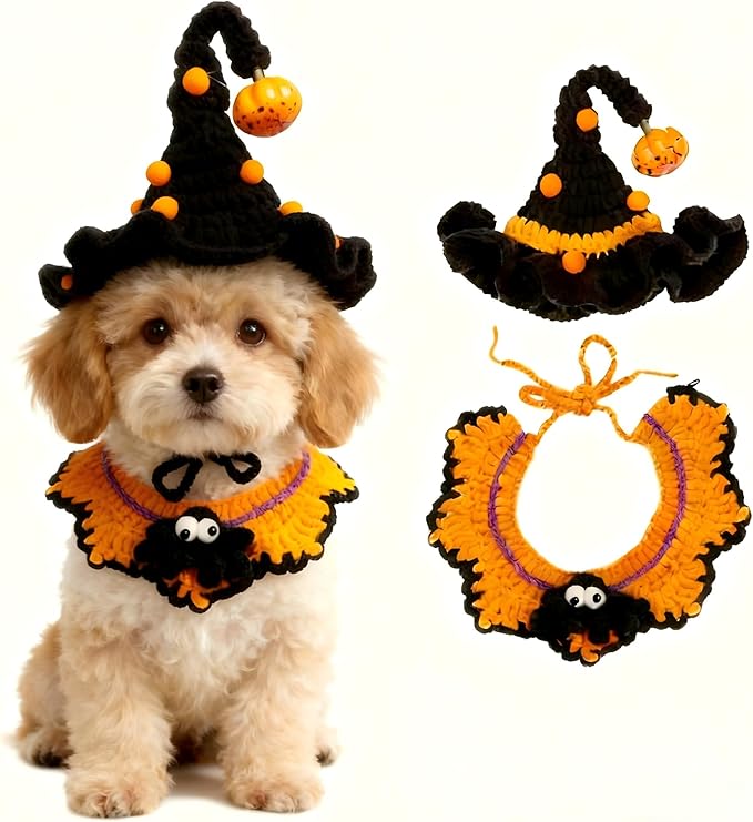 Halloween Pet Costume,Spider & Black Witch Hat for Rabbits,Cats and Small Sized Dogs,Hand-Knit Festive Halloween-Themed Cat Apparel,Dog Halloween Outfits,Cat Witch Costume