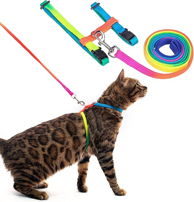 PUPTECK Adjustable Cat Harness and Leash Set Escape Proof Kitten Strap Collar for Walking Travel, Multicolor