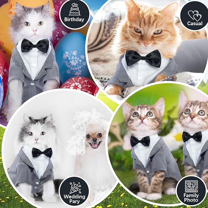 QBLEEV Cat Tuxedo Outfit, Formal Cat Suit Costume with Bow Tie, Sphynx Hairless Clothes for Cats Only, Kitten Wedding Birthday Party Attire Apparel for Male Boy, Cute Small Pet Gentleman Formal Wear