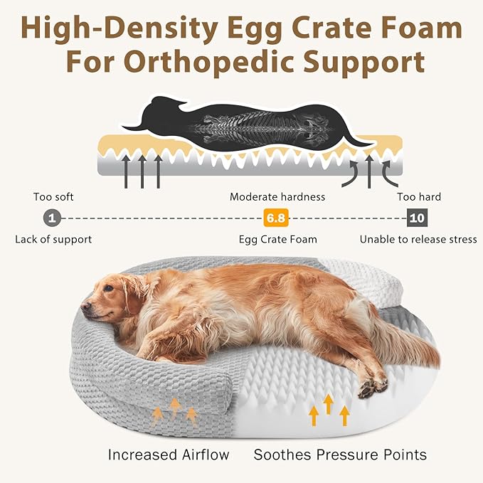 JOEJOY XL Orthopedic Dog Beds Large Sized Dog, Extra Large Washable Waterproof Oval Large Dog Bed with Removable Cover, Egg-Crate Foam Pet Bed with Bolster & Non-Skid Bottom, Light Grey, 42''x31''