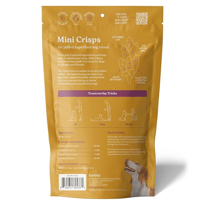 Earthly Low-Calorie Mini Crisps- Pork and Millet Crunchy Training Treats for Dogs 2.5oz