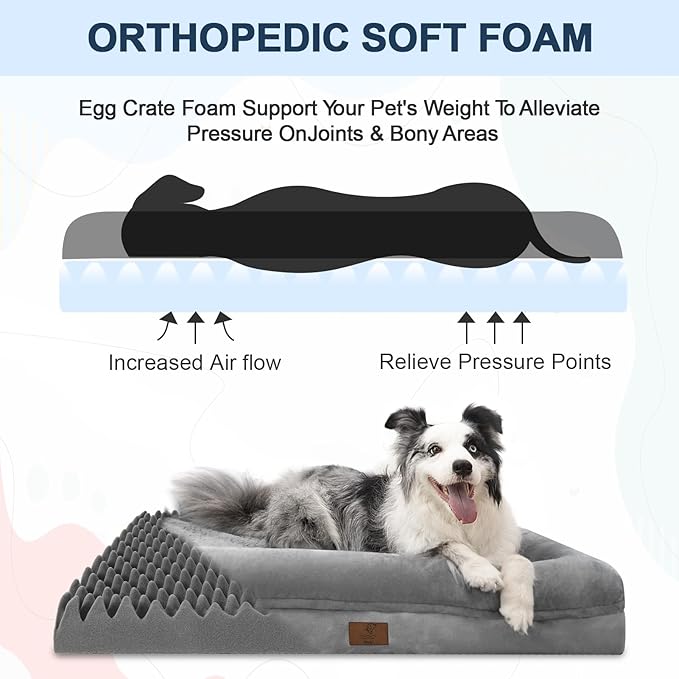 XL Dog Bed for Large Dogs, Orthopedic Dog Bed Egg Crate Foam with Removable Washable Cover, Waterproof Non-Slip Big Pet Sofa with 4-Sides Removable Bolster, Grey