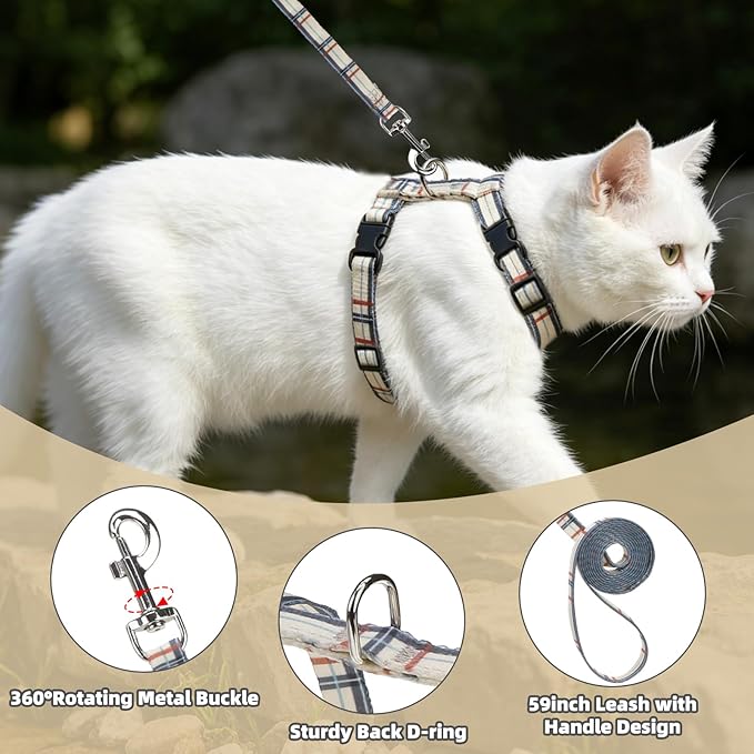 PUPTECK Adjustable Cat Harness and Leash Set Escape Proof Kitten Strap Collar for Walking Travel, Beige Plaid