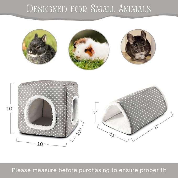 Guinea Pig Hideout, Dwarf Rabbit Bed with Play Tunnel, Washable Fleece House for Dwarf Bunnies, Chinchillas, Hedgehogs, Small Animal Cage Accessories Gray Dot