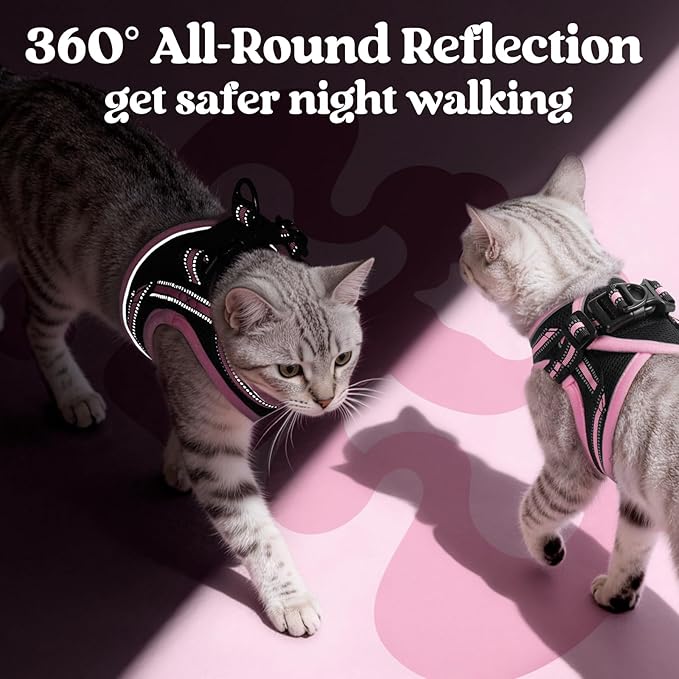 rabbitgoo Cat Harness and Leash Set for Walking Escape Proof, Adjustable Soft Kittens Vest with Reflective Strip for Cats, Comfortable Outdoor Vest, Black & Pink, M