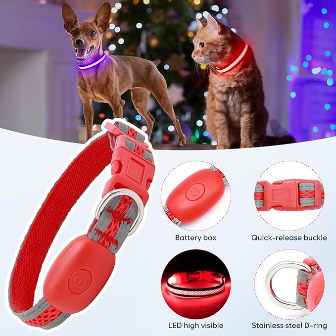 Flashseen LED Dog Collar, Light Up Dog Collar USB Rechargeable, Brightest Dog Lights for Night Walking, Adjustable Dog Collar Light for Dog Safety (Red, X-Small)