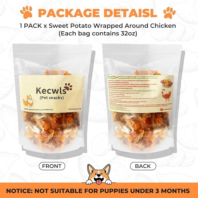 Dog Treats, Sweet Potato wrap Chicken Jerky Pack Healthy raw Skin no Doggie Snack Chicken Jerky Low-Fat, high-Protein Textured Snack for Medium-Sized and Small to Large Dogs (32 Ounces)