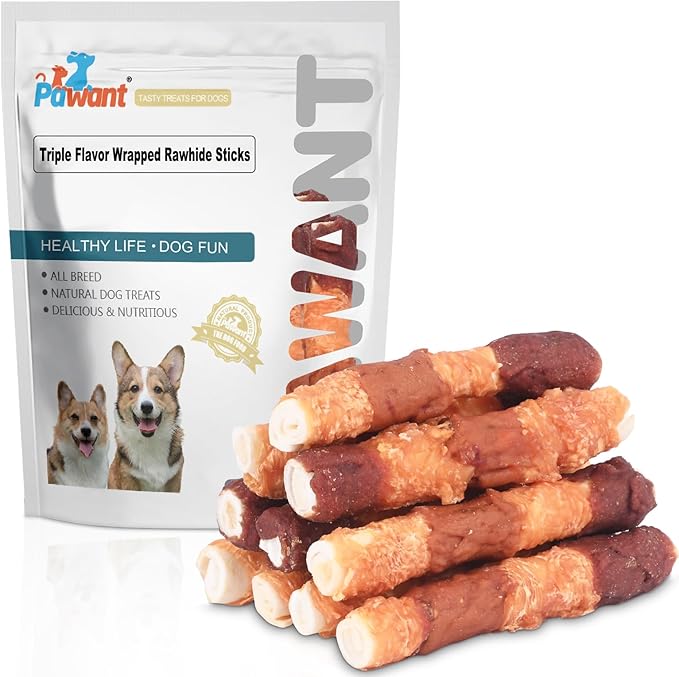 Triple-Flavor Rawhide Chews for Medium & Large Dogs - 5 Inch Chicken, Beef & Chicken Liver Dental Treats - Long Lasting Chew Sticks 454g/1lb