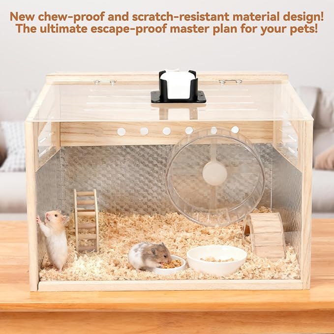 Hamster Cage with camera - 2.5K 5G Hamster camera for Chewproof Guinea Pig Cage Clear Small Animal cage with Open top Hamster Habitat Wooden mouse cage with Acrylic Panel 15.7*12*12 IN