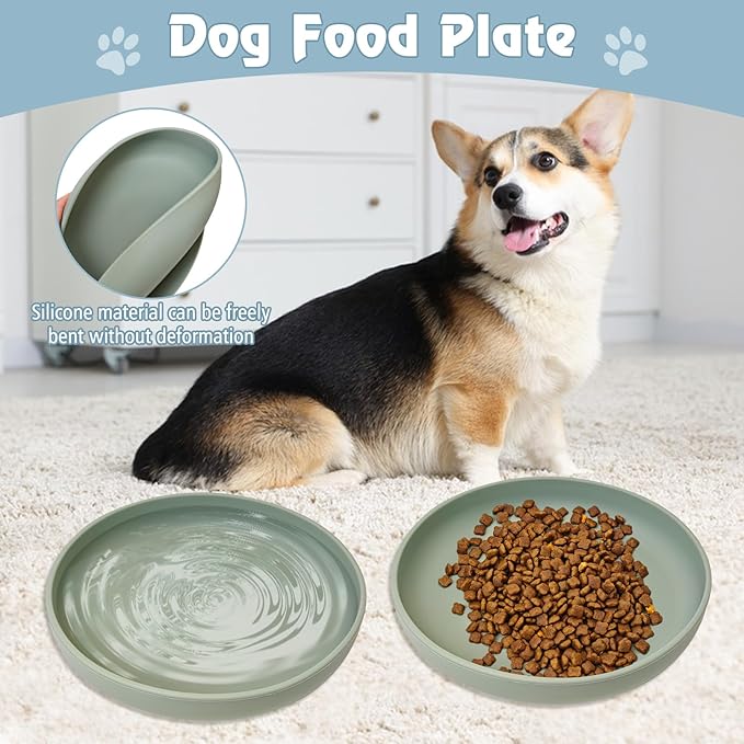 BNOSDM Silicone Cat Bowl Non-Slip Cat Food Plate Flat Dog Bowls with Suction Cup Shallow Puppy Food and Water Dish for Small and Medium Pets (Gray Green)