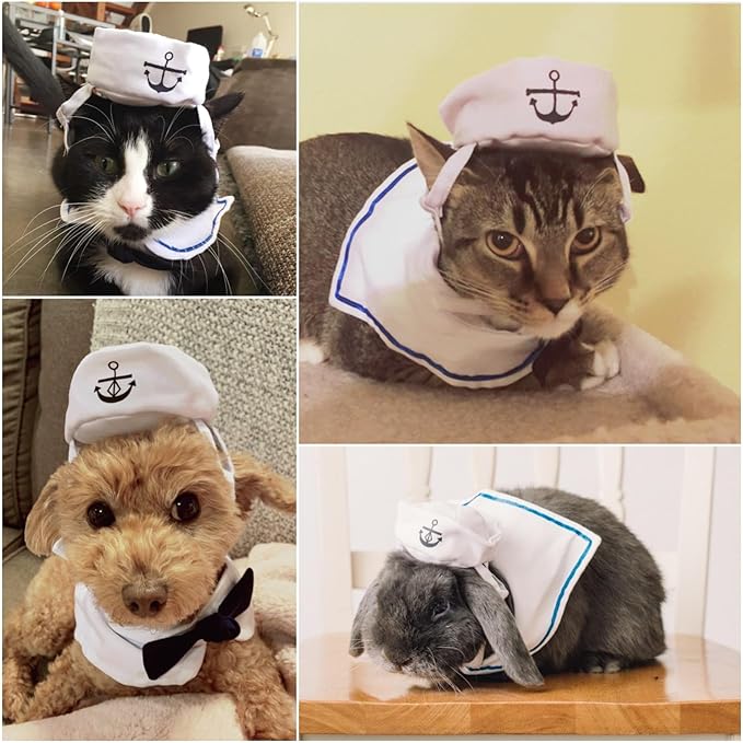 NAMSAN Pet Sailor Costume for Cats Small Dogs, Cat Halloween Costumes, Small Dog Sailor Outfit, Cat Sailors Hat with Tie Collar, Pet Navy Costume for Kitten Puppy Statue Decoration