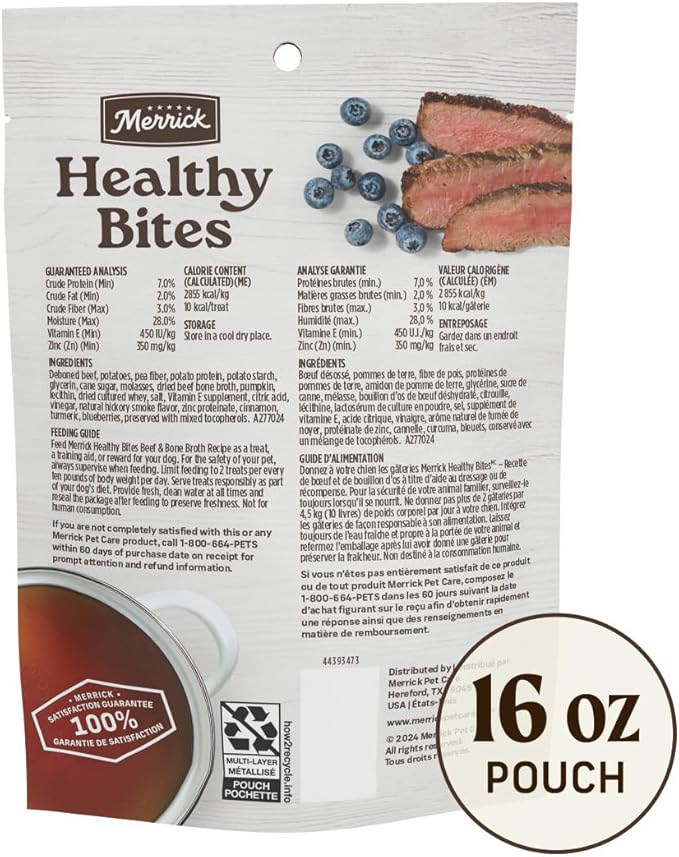 Healthy Bites Grain Free Dog Treats, Soft Treats with Bone Broth for Dogs, Beef and Bone Broth Recipe - 16 oz. Pouch