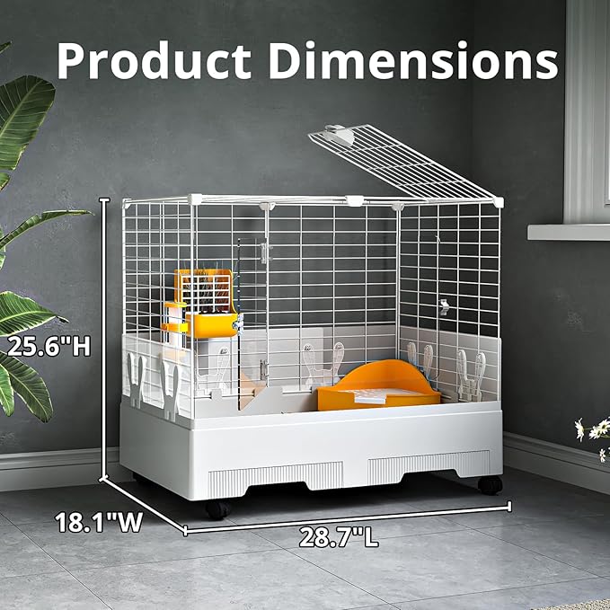 Oneluck Deluxe Rolling Bunny Hutch with Urine Guard,Small Rabbit Cage with Pull Out Tray,Clear Panel for Recording,Easy to Clean