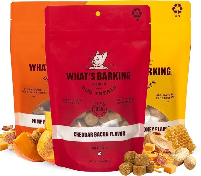 What's Barking Soft Bites, Soft Chewy Dog Treats for Training or Snacking, Pet Essentials, Bite Size Pieces for Dogs, Natural Ingredients, Made in USA, Resealable Bag, Favorites Variety Pack, 3 Pack