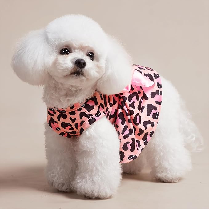 PUPTECK Print Dog Dress Pet Apparel with Cute Bowtie Puppy Clothes Outfit, Leopard Print, XS
