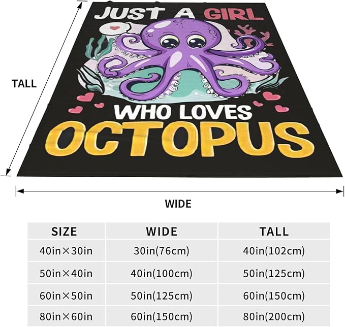 Just A Girl Who Love Octopus Blanket Ocean Octopus Decor Throw Blanket Gifts for Girls Boys Super Warm Soft Plush Fleece Flannel Blanket Winter Couch Bedding Blanket for Adults Kids Women Men 60"X50"