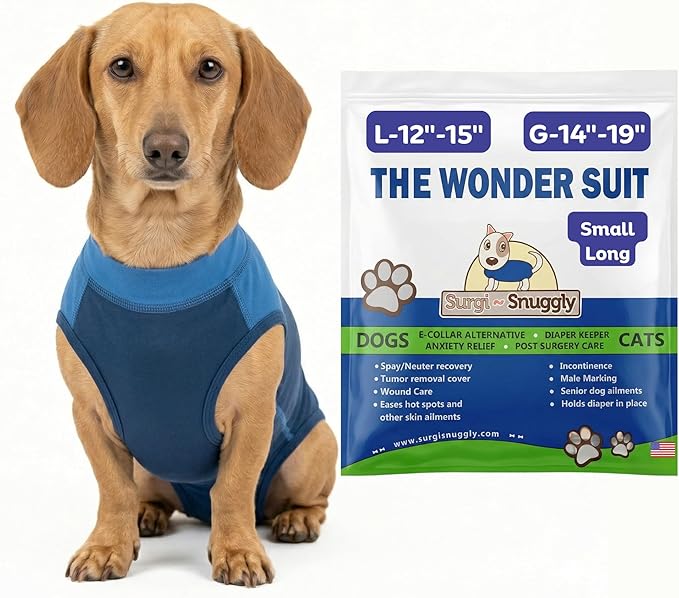 Surgi Snuggly Dog Surgery Recovery Suit - Dog Onesie for Post Surgery Recovery, Female Spay & Male Neuter - Surgical Suit for Dogs, E-Collar Cone Alternative, Double Blue - Small Long - 12" - 15" (EC)