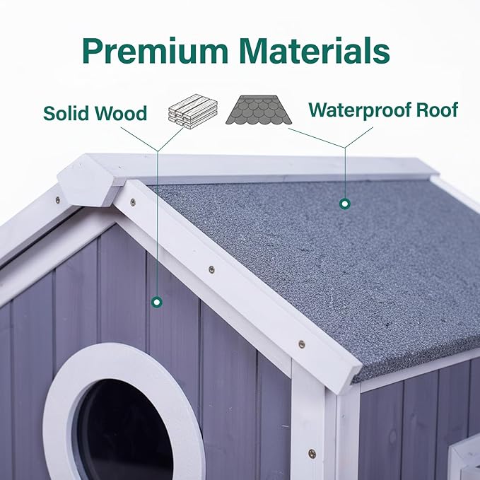 GEGURI Outdoor Cat House Winter-Proof, Two-Story Insulated Cat Shelter for Feral Cats with Thermal Layer, Removable Roof, Balcony & Escape Door, Weatherproof & Warm Shelter for Cats