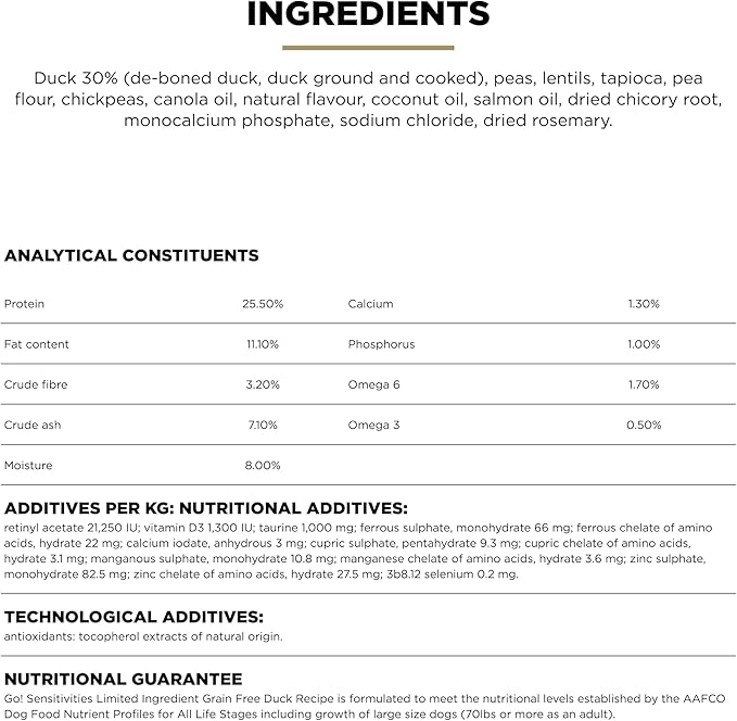 Go! Solutions Sensitivities Limited Ingredient Duck Grain-Free Dry Dog Food, Chicken-Free Kibble Made by Experts for Sensitive Stomachs & Food Allergies, for Puppies, Adults, & Seniors, 22 lb Bag