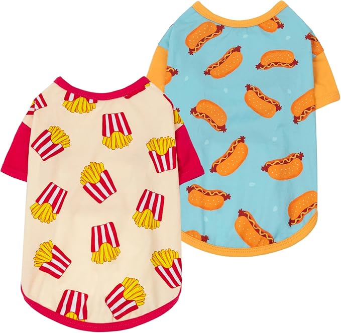 Fitwarm 2 Pack Hot Dogs & French Fries Dog Shirt, Funny Summer Clothes for Small Dogs Boy Girl, Cozy Pet Outfit, Beige, Blue, Large