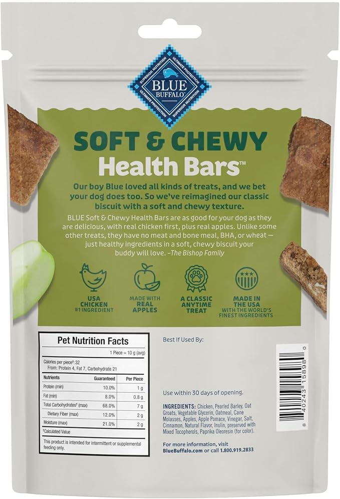 Blue Buffalo Soft & Chewy Health Bars, Baked with Real Chicken & Apples, Natural Dog Treats Mineral Enhanced for Flavor, 9 oz. Bag (Pack of 2)