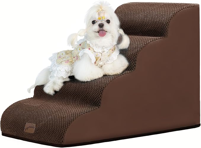 GoGoBunny Waterproof High Density Foam Curved Dog Stairs for High Beds Couches 19.7" H, 4-Step Ramp Dog Steps Friendly to Small Medium Dogs or Pets Joints, Non-Slip Balanced Durable Pet Step, Brown