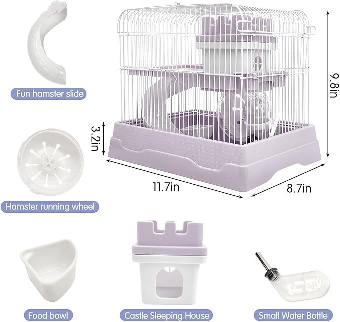 PINVNBY 2-Tier Dwarf Hamster Cage, Hamsters Travel Cage Portable Mouse Cages with Running Exercise Wheels, Water Bottle and Food Dish for Hamster Mouse Rat 11.7 * 8.7 * 9.38 in (Gray)